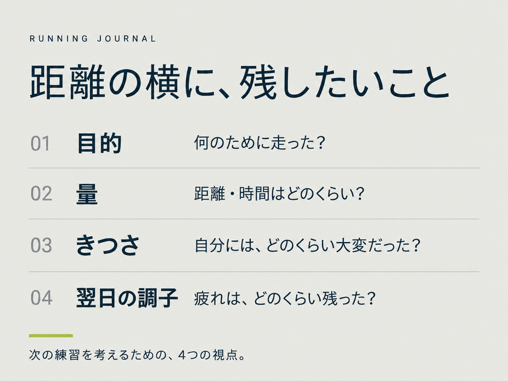 練習を振り返る4つの視点。目的は何のために走ったか、量は距離と時間、きつさは自分にとってどのくらい大変だったか、翌日の調子は疲れがどのくらい残ったかを確認する。